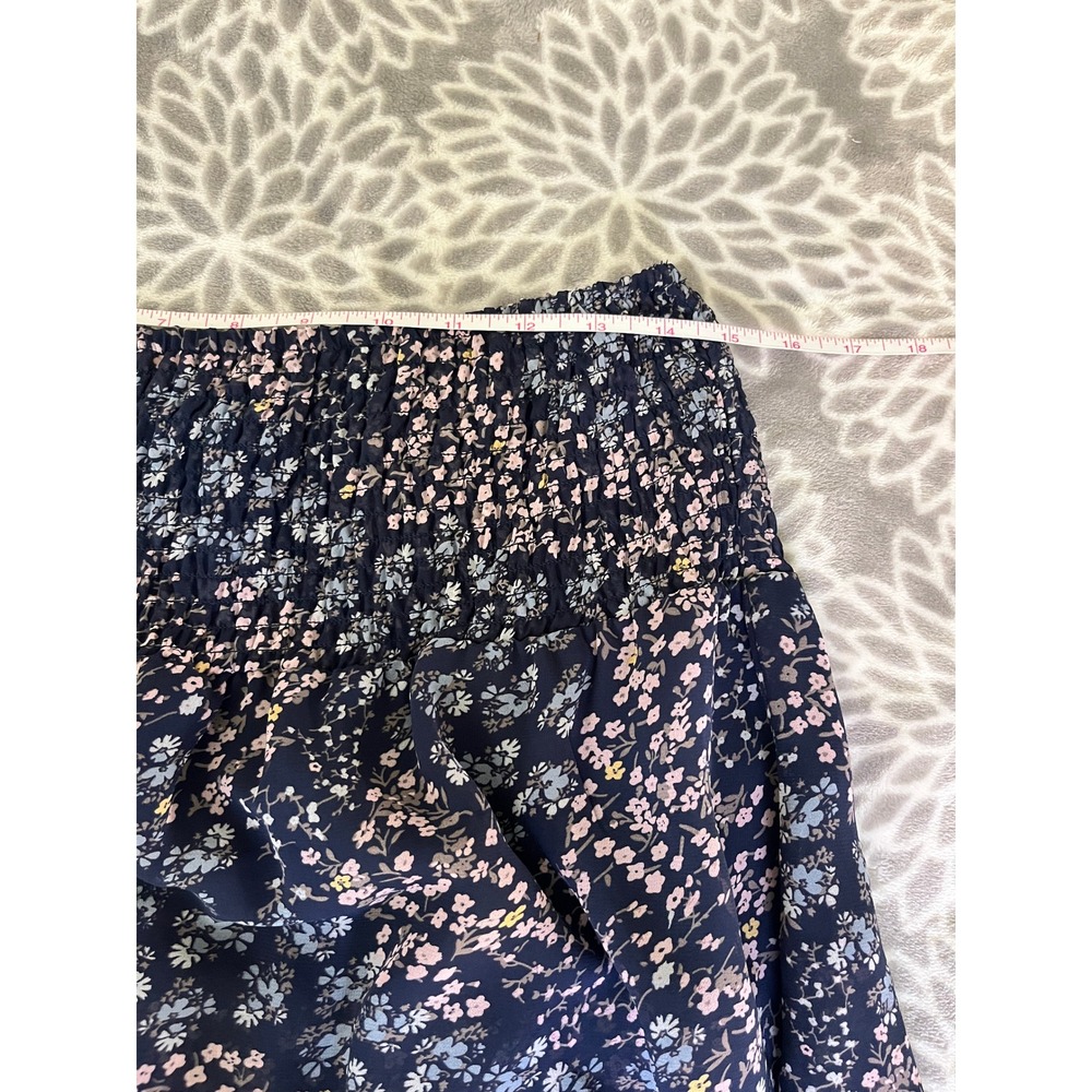 Navy Blue Ditsy Floral Smocked Mini Skirt Size Medium Ruffle Tiered Cottagecore - Picture 5 of 8